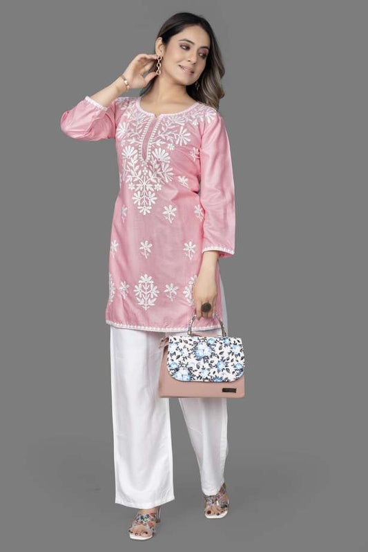 GreenDiamond™ Women Chikan Embroidery Cotton Rayon A-line Kurta