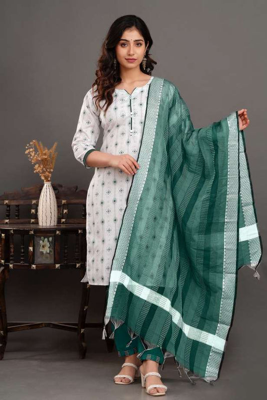GreenDiamond Women Cotton Kurti Pant Dupatta Set